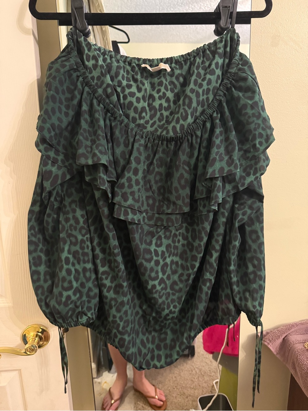MICHAEL Michael Kors Green Leopard-Print Off-Shoulder Ruffle Blouse